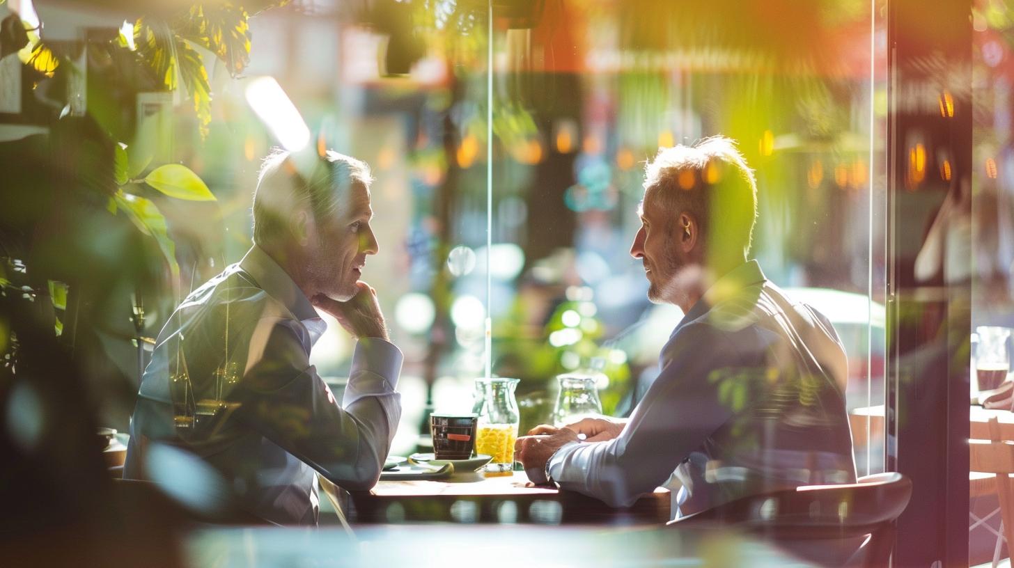 Two men in a cafe having a conversation under natural light with green foliage in the foreground