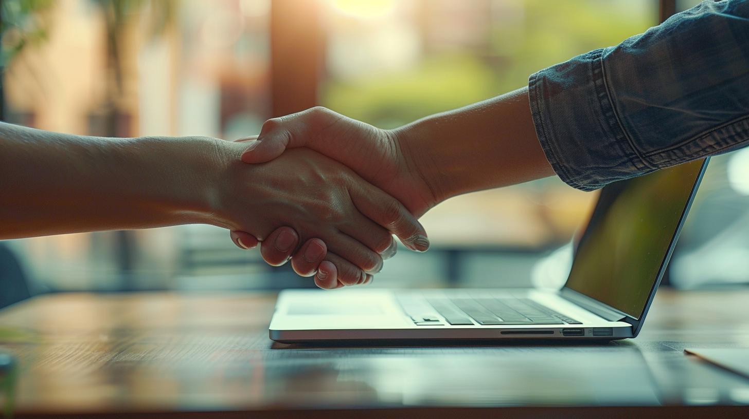 Two people shaking hands over a table with a laptop in a bright office setting.