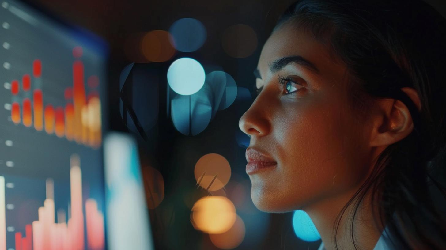 Woman analyzing data on a computer screen with focus and determination in a dimly lit room with bokeh lights.