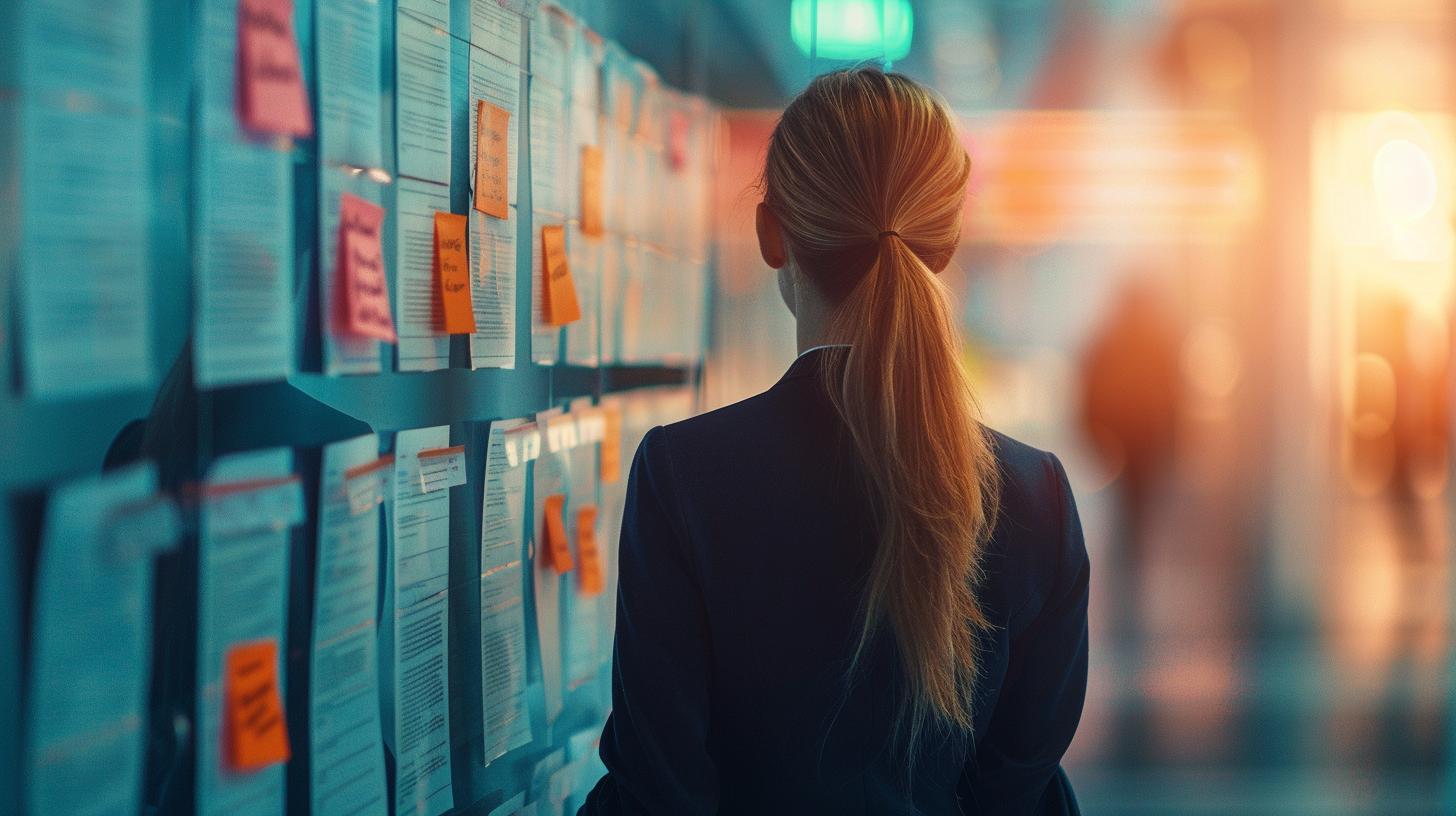 Woman observing papers and sticky notes on a wall in an office setting with a ponytail and formal attire bathed in warm lighting