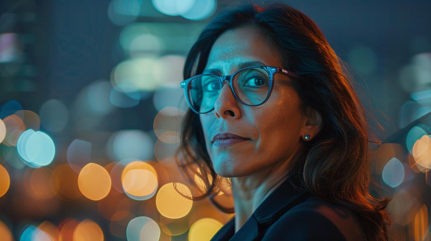 Woman wearing glasses in a cityscape at night with blurred colorful lights in the background