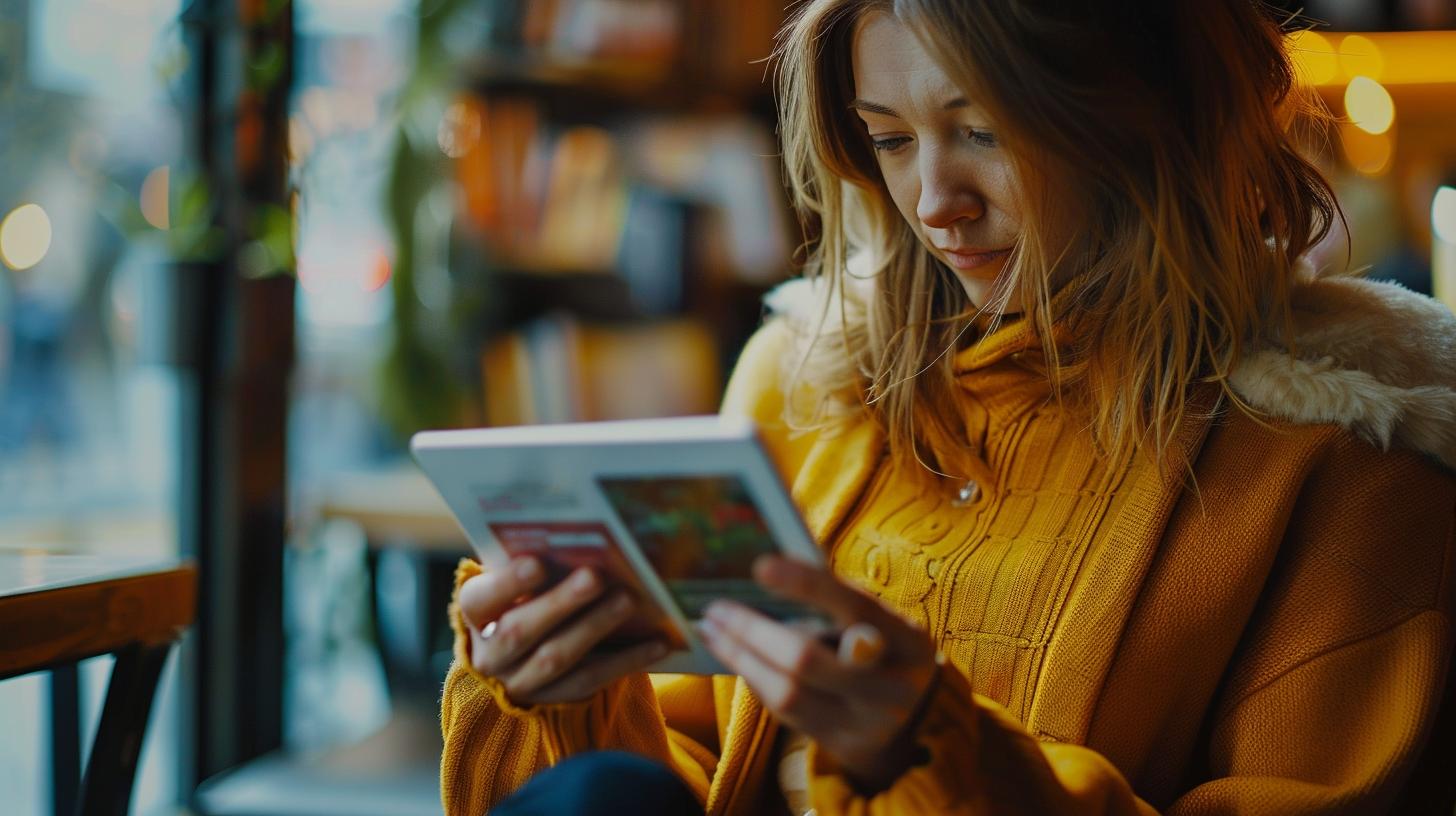 Woman reading a book in a cozy cafe wearing a yellow sweater with a warm ambiance in the background