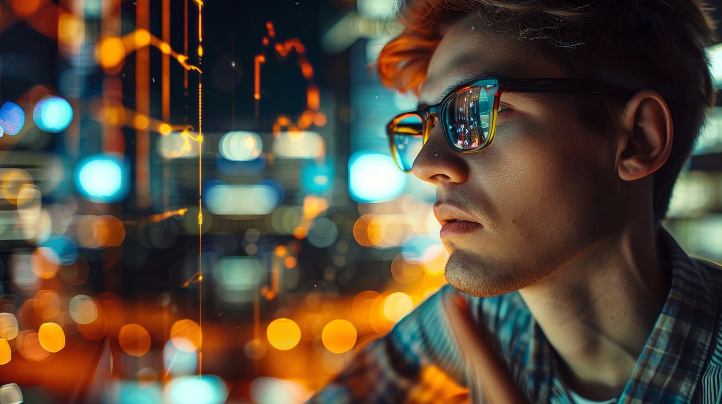 Young man wearing glasses with neon lights and city reflections in the background vibrant urban scene nighttime cityscape