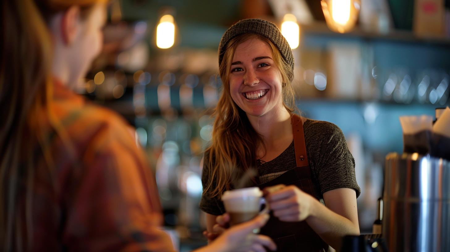 Barista wearing a beanie serving a hot beverage and smiling at a customer in a cozy coffee shop setting with warm lighting.