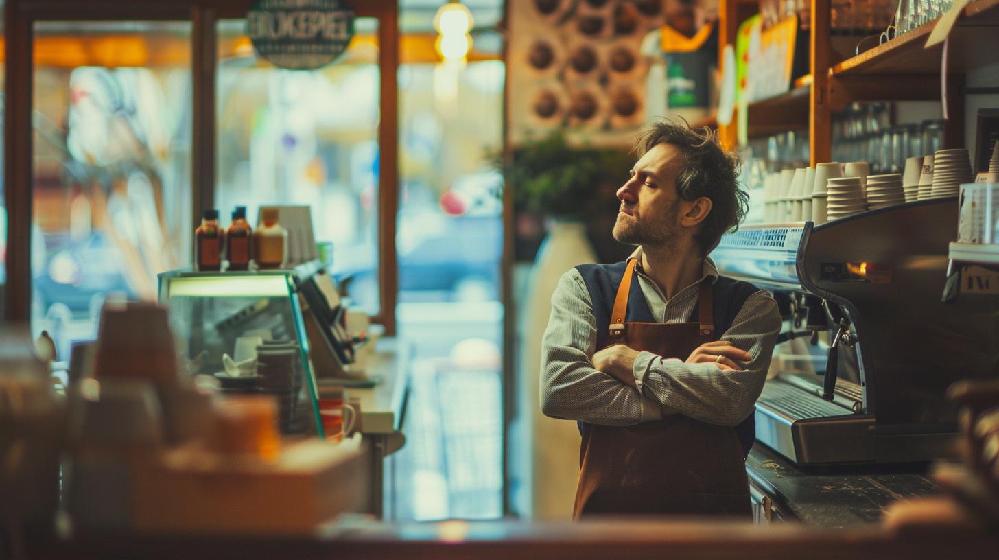 Barista in apron standing in cozy coffee shop with arms crossed looking thoughtfully out the window surrounded by coffee mugs and espresso machine.