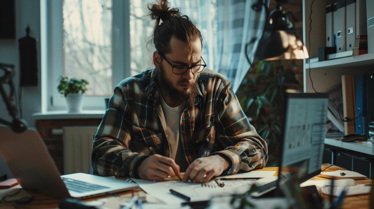 Man with a beard and glasses working from home at a cluttered desk with a laptop and paperwork in an office setting flooded with natural light.