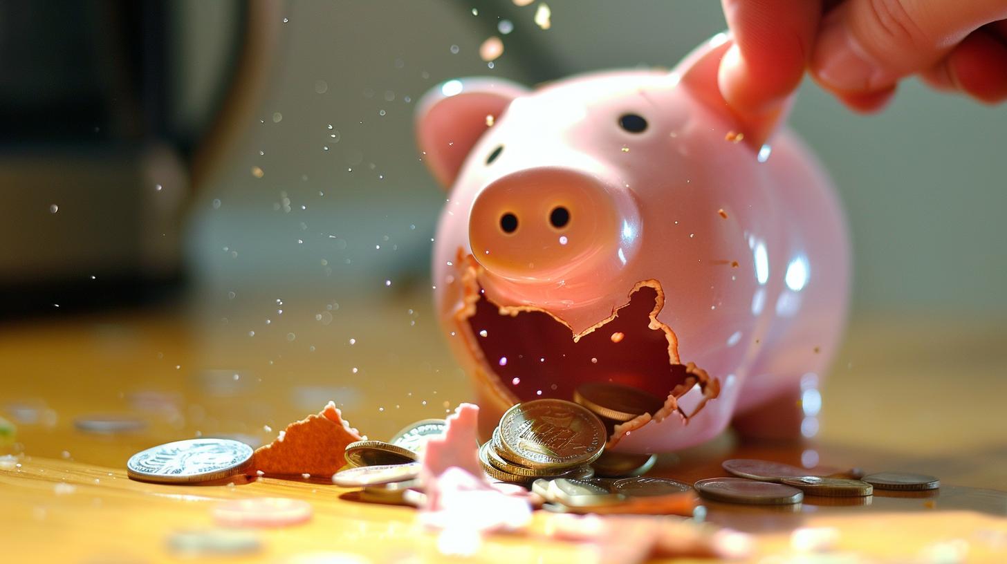 Broken piggy bank with coins spilling out scattered on a wooden surface hand reaching in