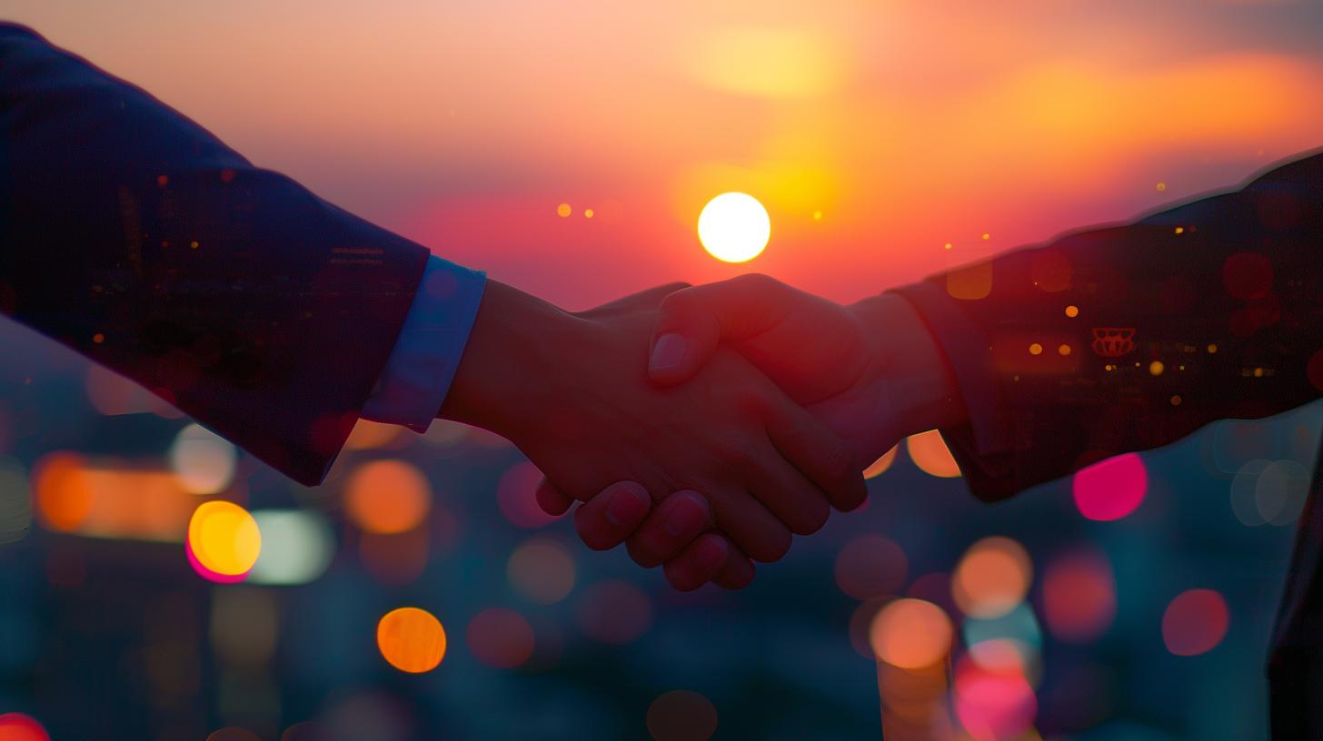 Business handshake at sunset representing partnership and agreement with blurred city lights in the background