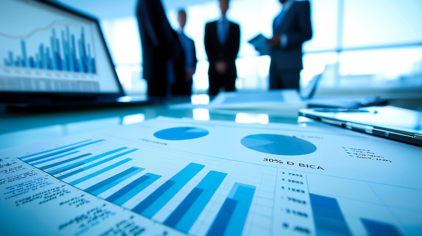 Business meeting with charts and graphs on a table showing financial data and analysis in a modern office setting.