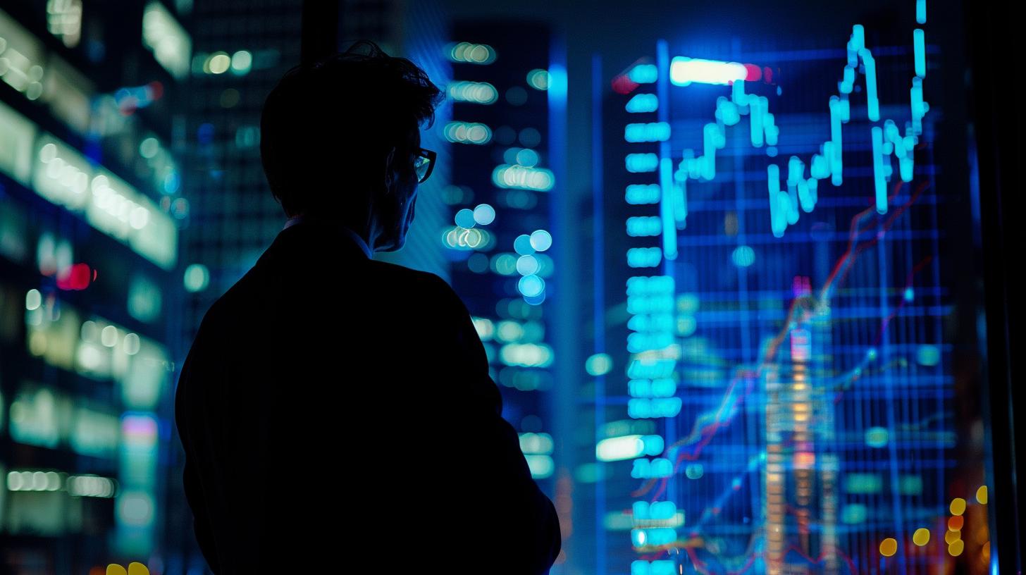 Silhouette of a businessperson looking at a financial graph on a digital screen in a cityscape at night.