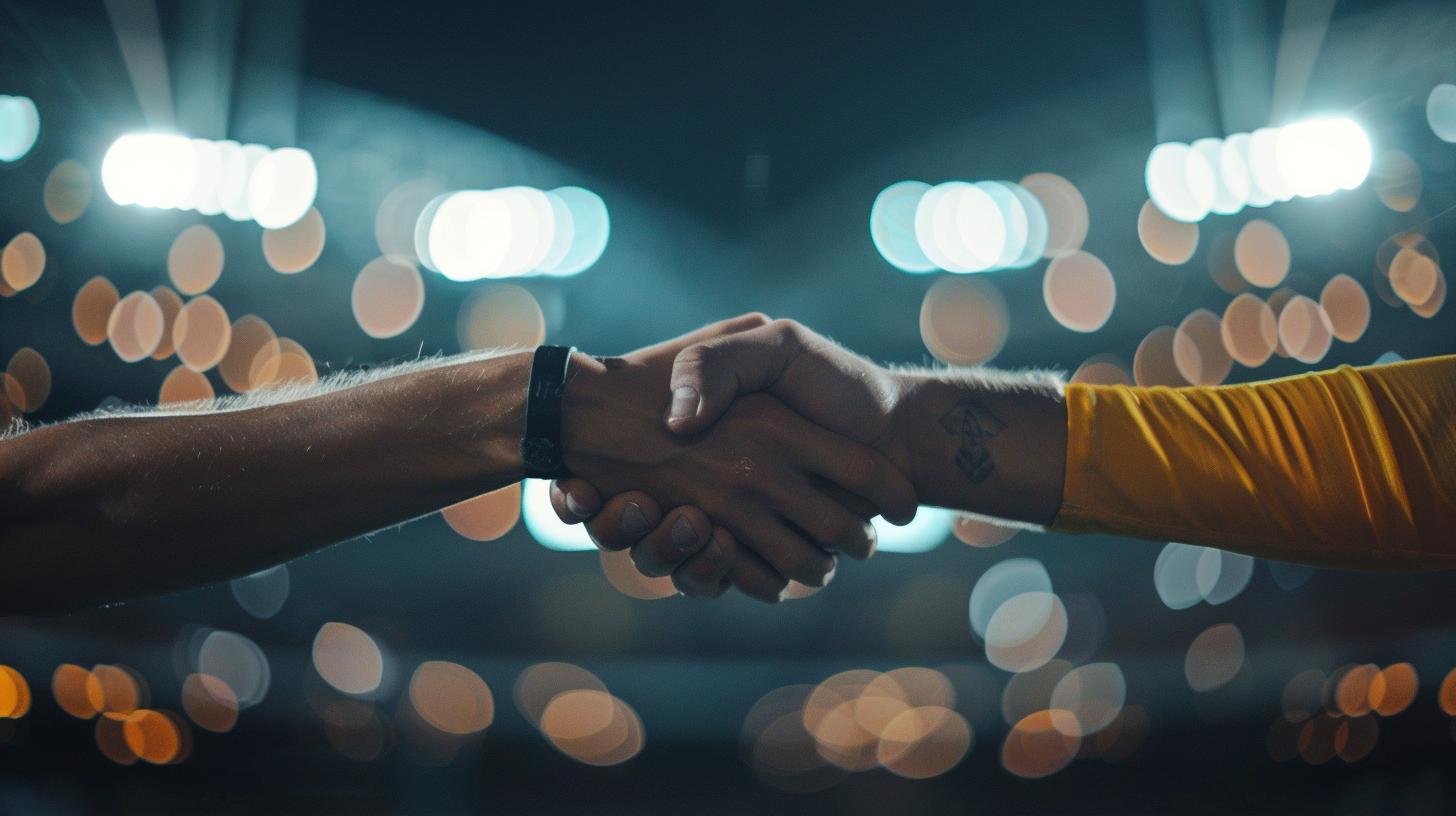 Close-up of a handshake between two people in a brightly lit stadium setting