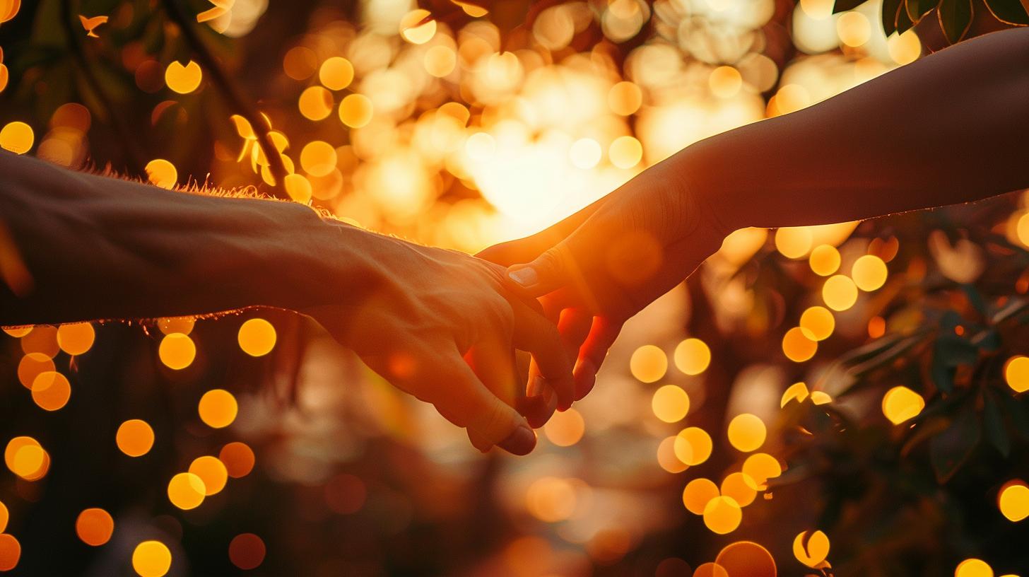 Couple holding hands against a bokeh background at sunset with warm glowing lights.