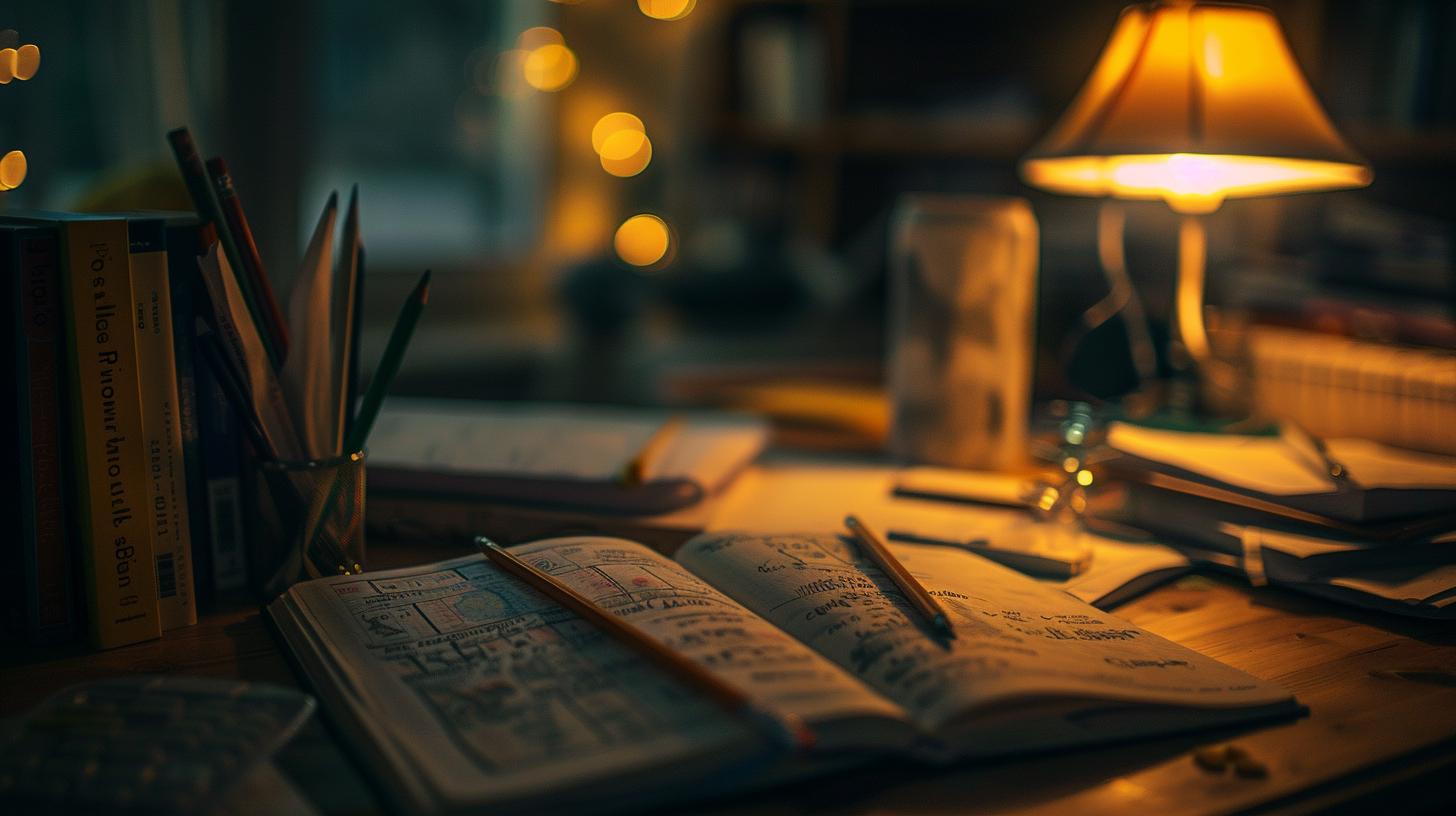 cozy study desk with open books pencils warm desk lamp ambient lighting