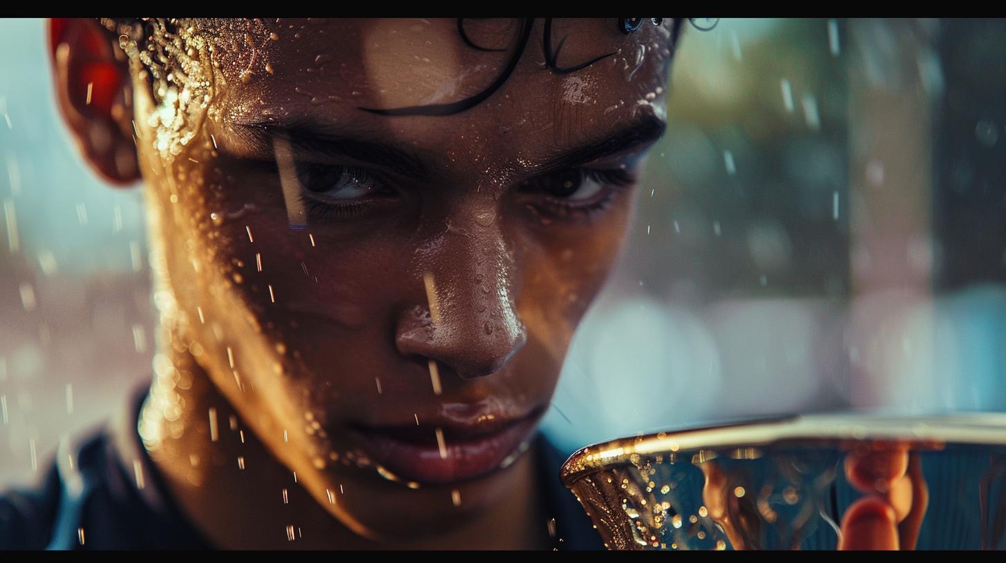 Close-up of a determined athlete holding a trophy under falling water droplets, showcasing intense focus and victory