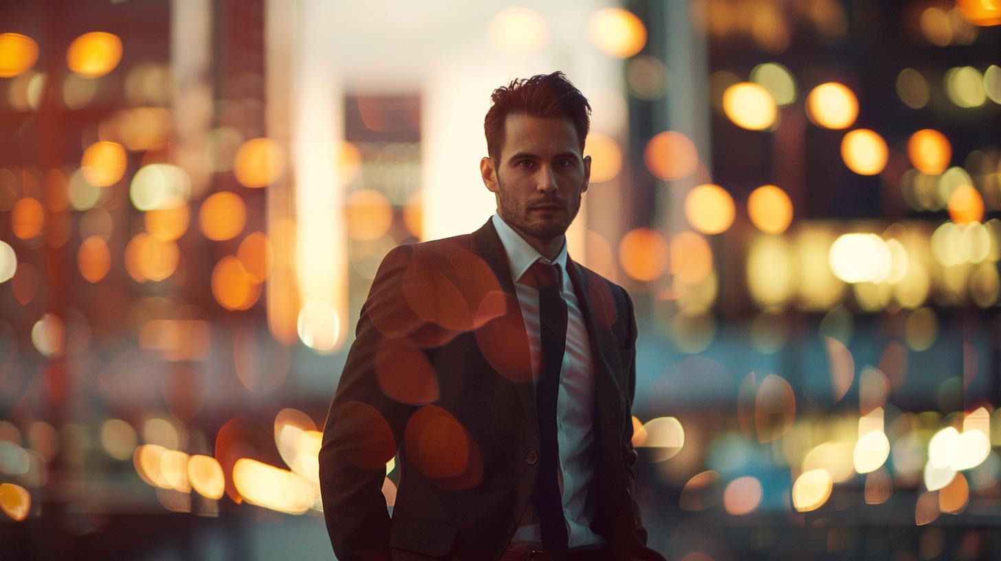 Elegant man in a suit standing against a bokeh cityscape backdrop during twilight