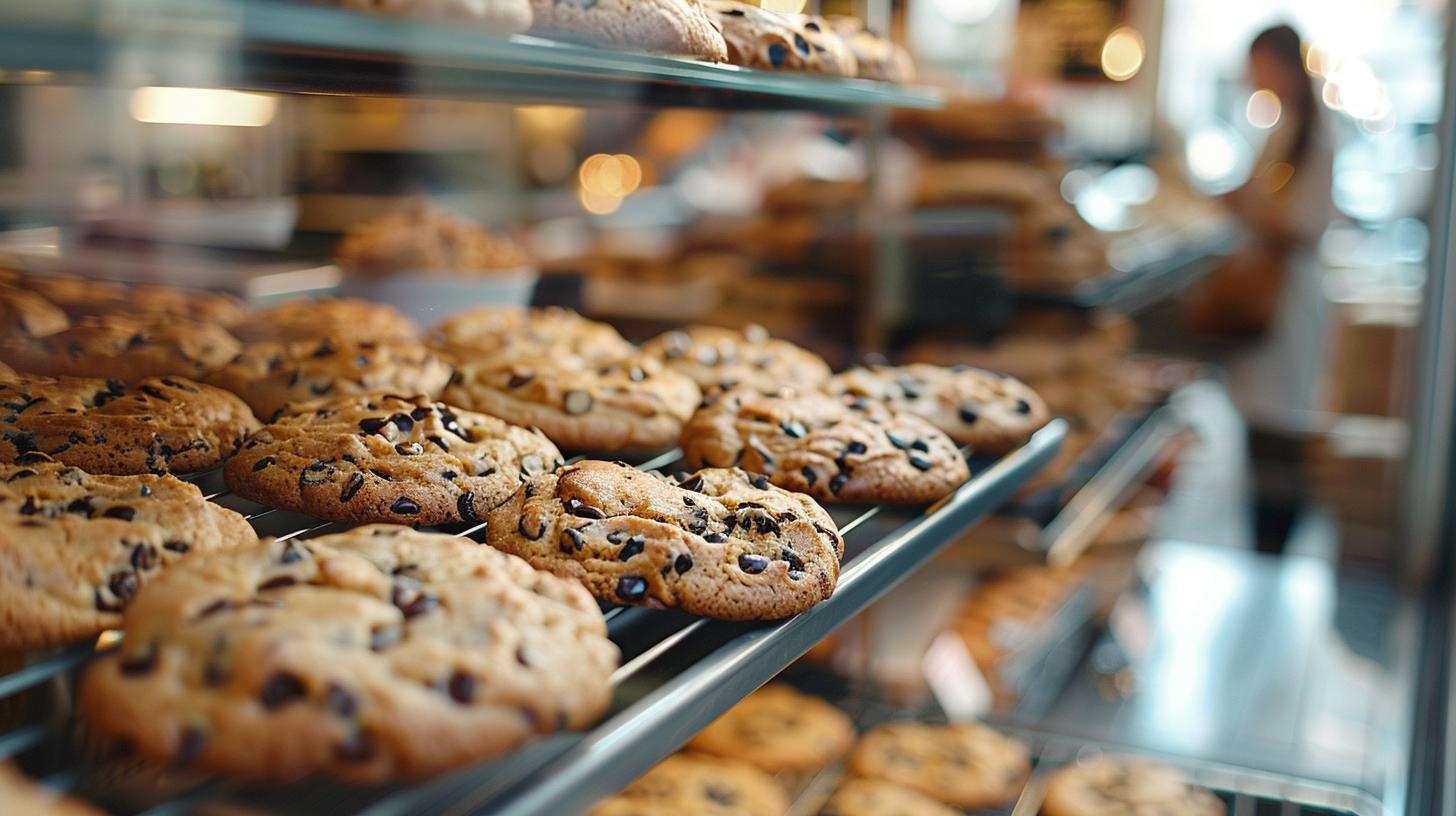 Freshly baked chocolate chip cookies on display in a bakery