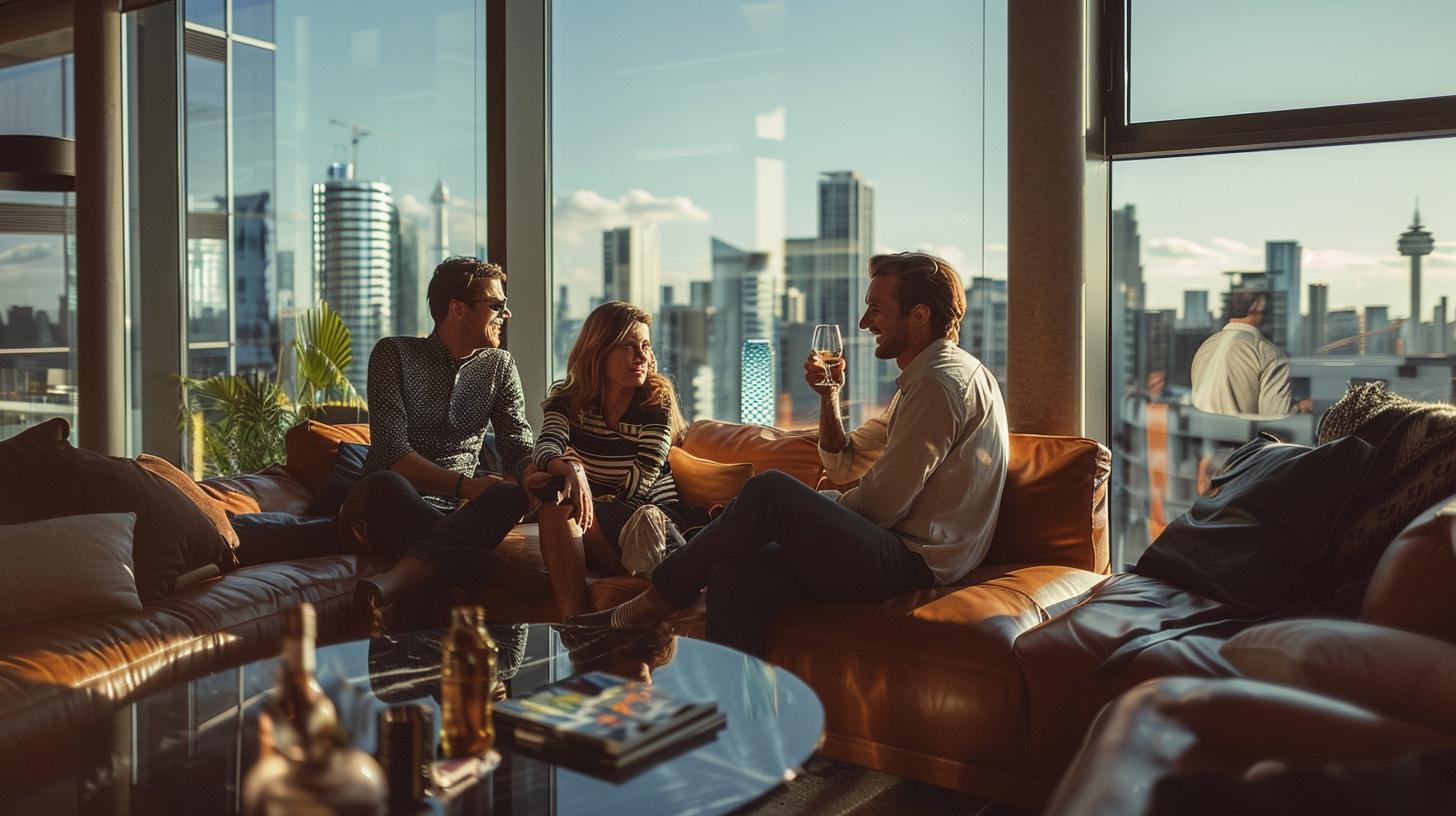 Group of friends socializing in a modern city apartment with large windows and a skyline view during sunset.