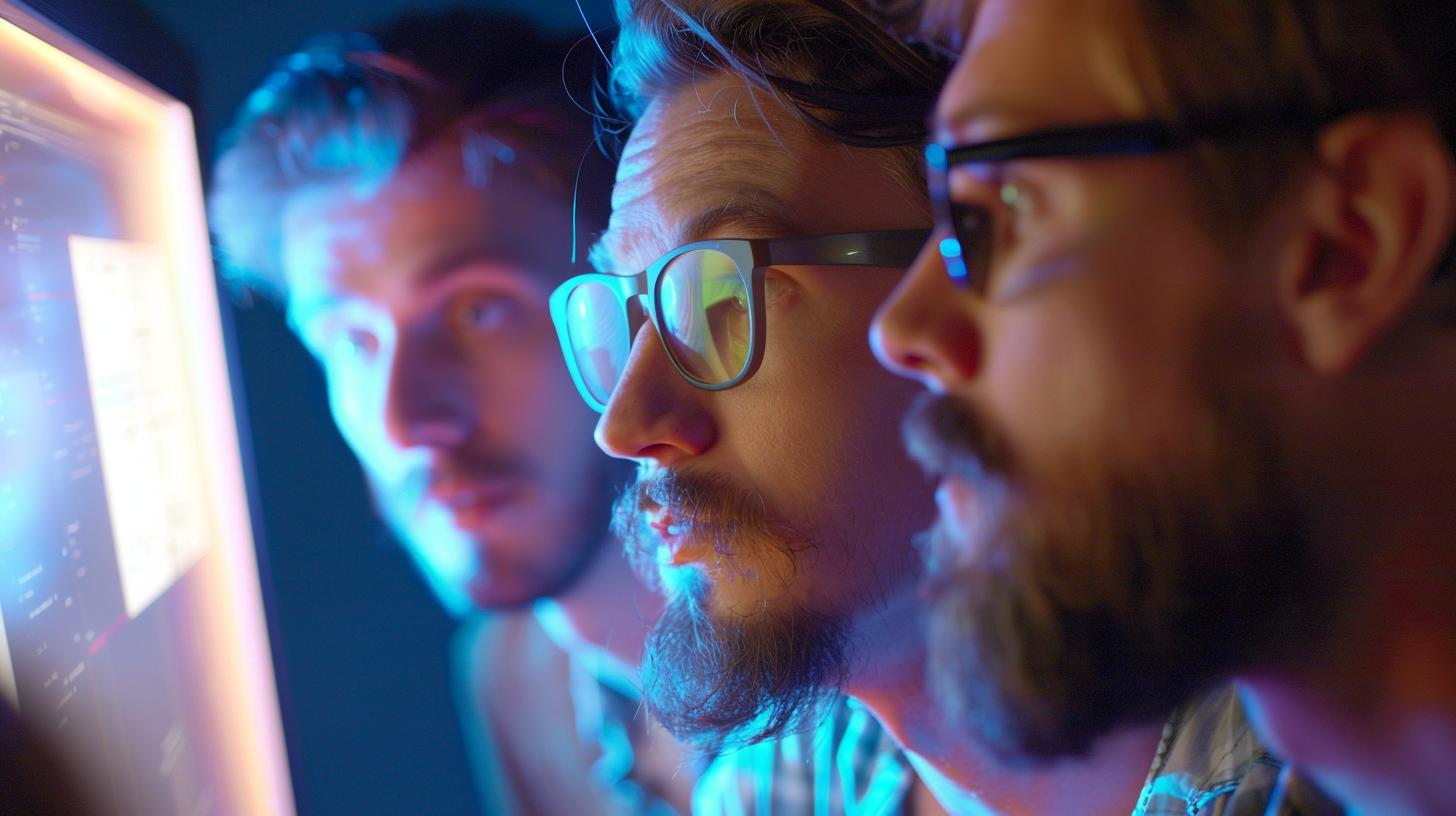 Group of focused programmers coding on a computer screen in a dark room with blue and pink neon lighting