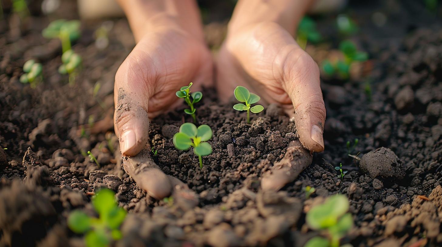 Hands planting seedlings in soil nurturing young plants gardening and agriculture concept