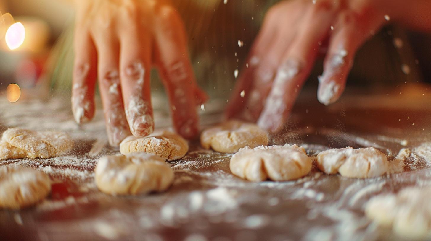 Hands shaping dough on a floured surface close-up baking preparation process warm lighting