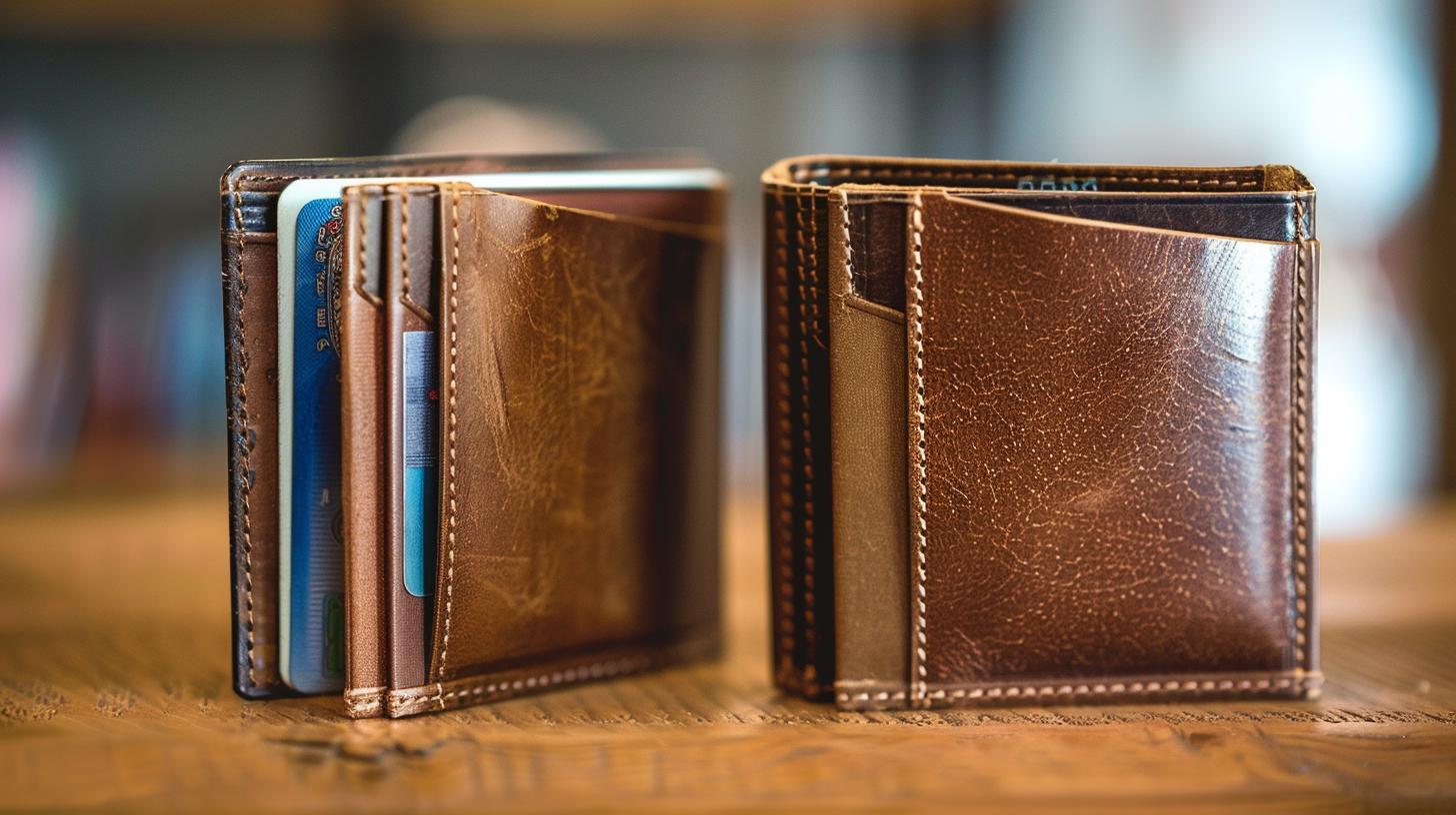 Leather wallets with credit cards on wooden table background focused on craftsmanship and durability ideal for everyday use or as a gift