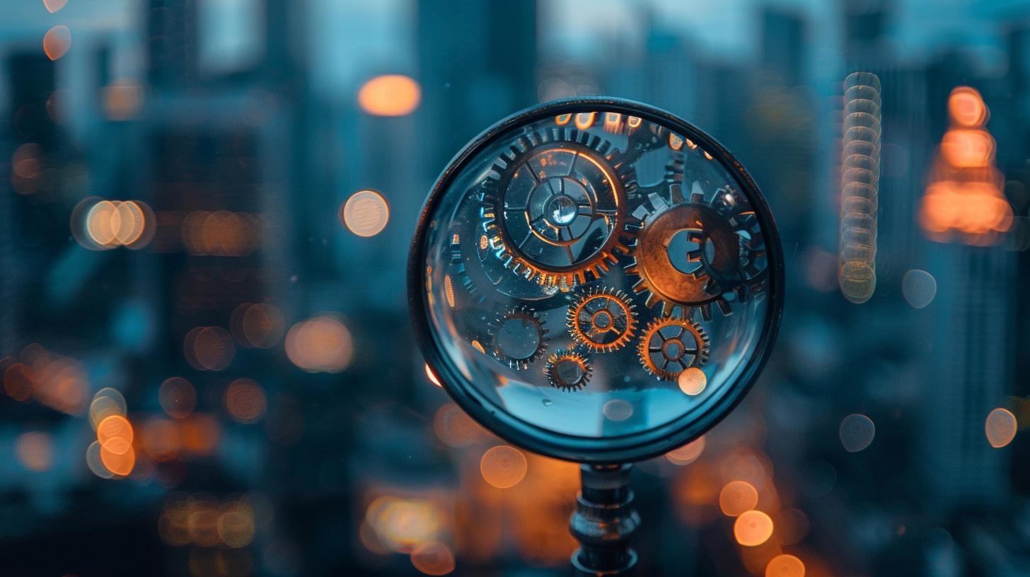 Magnifying glass over gears with cityscape in the background at dusk blurred lights and bokeh effects