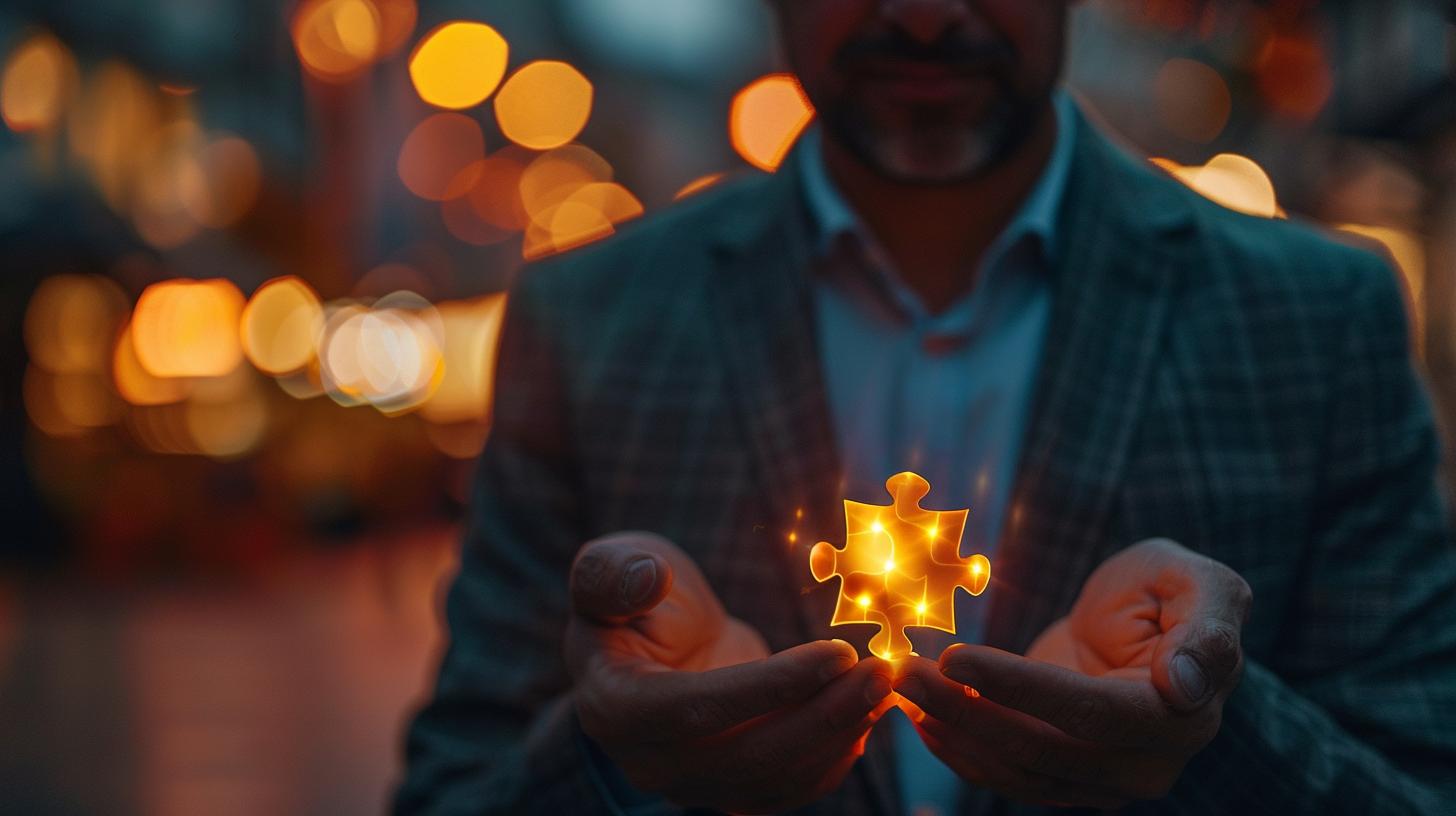 Man holding a glowing puzzle piece with blurred city lights in the background.