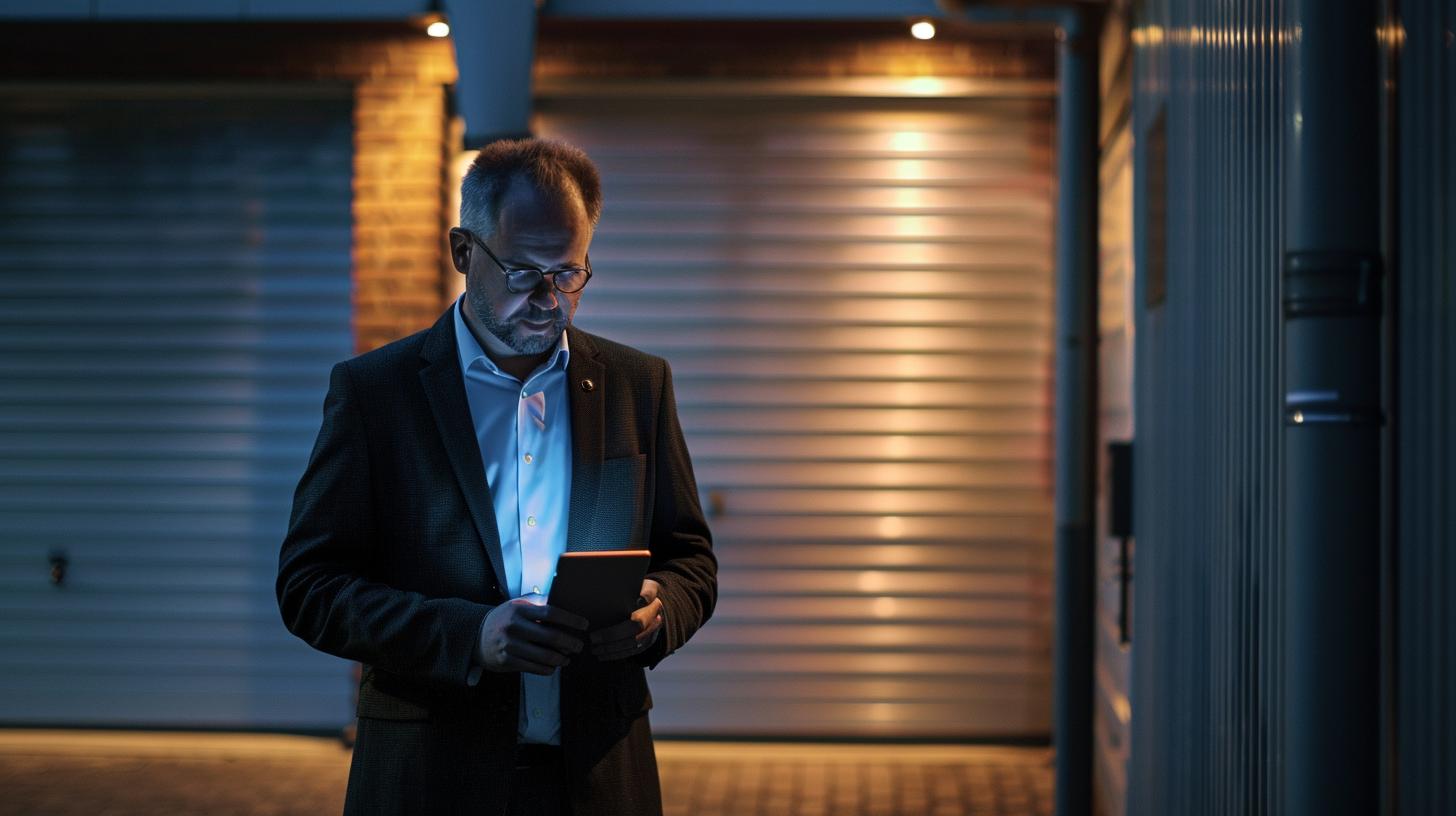 Man in glasses using tablet in dimly lit urban setting business and technology at night.