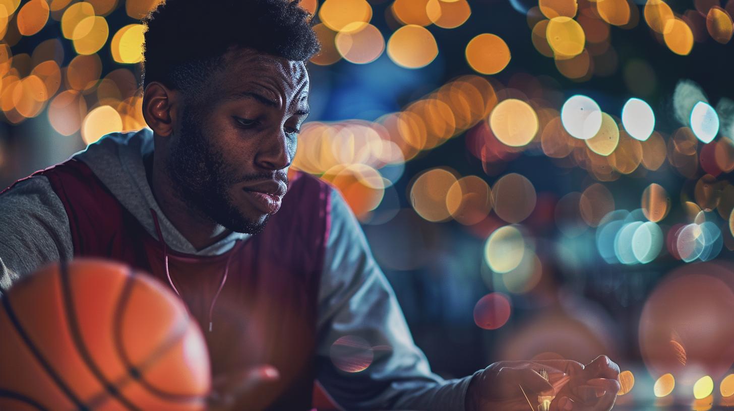 Man in hoodie holding basketball with bokeh lights in background contemplative expression