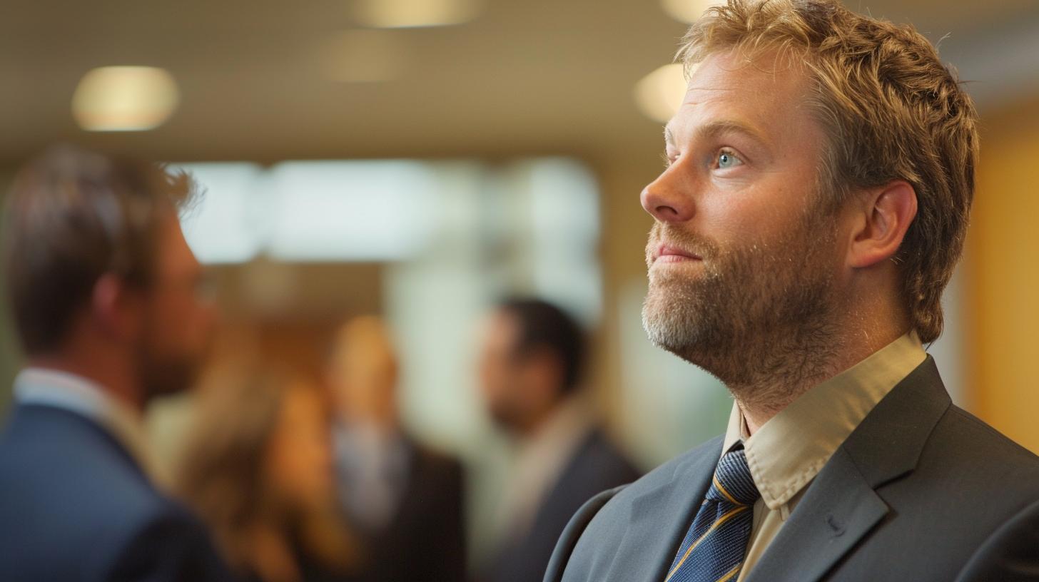 Man in formal suit looking thoughtful at a networking event.