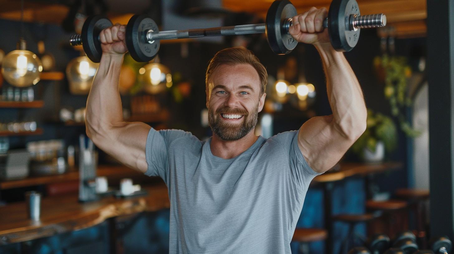 Man lifting dumbbells inside a gym smiling fitness workout strength training exercise indoor weightlifting