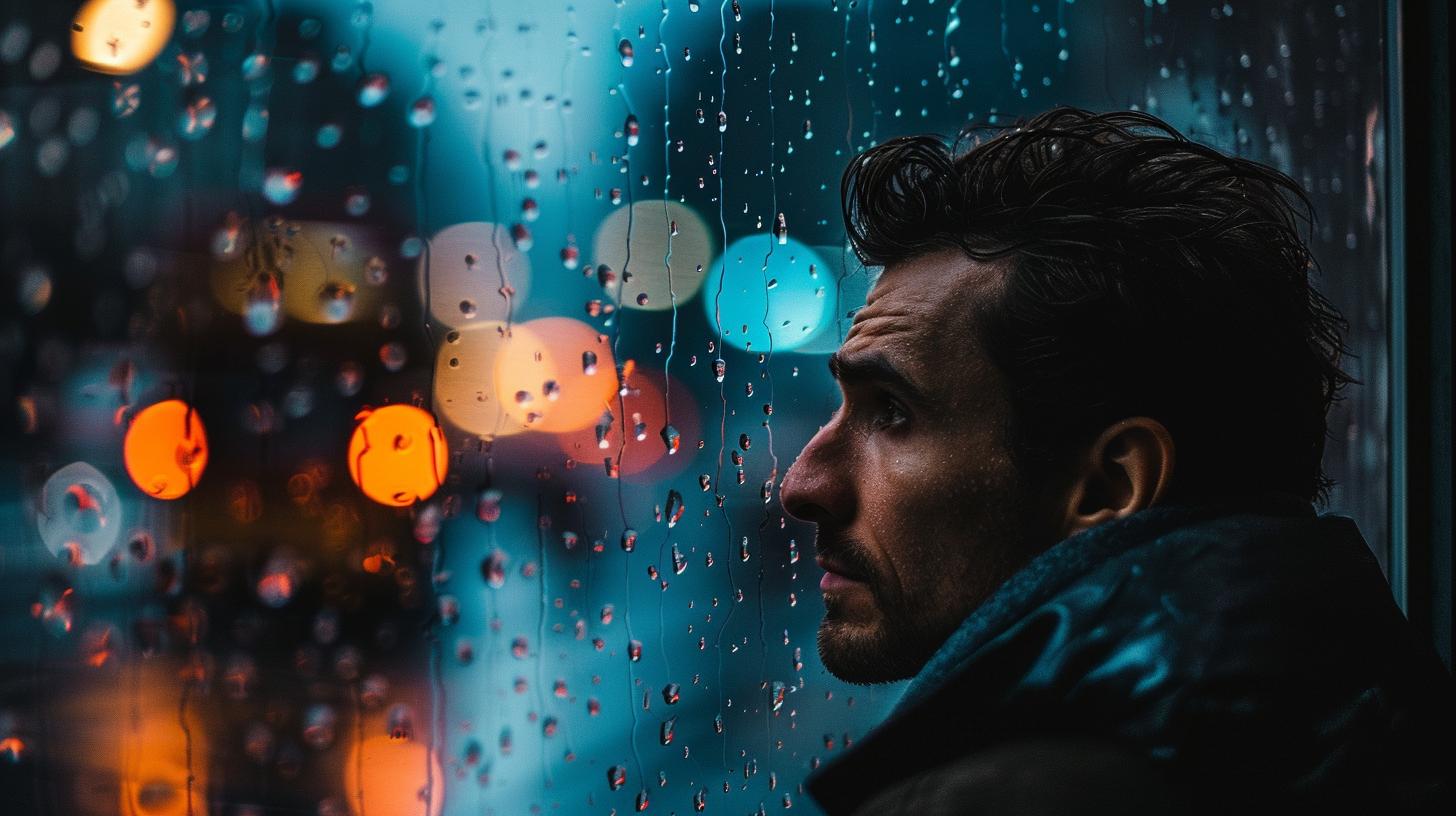 Man looking out window at night with raindrops and city lights in the background