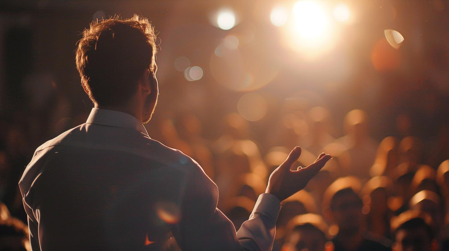 Man speaking to a large audience under bright lights at a conference or event.