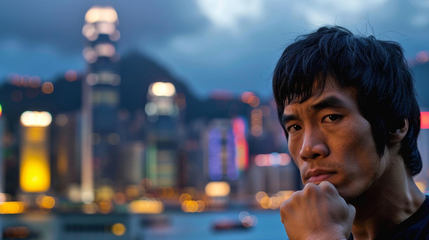 Man with an intense expression in front of a city skyline at dusk