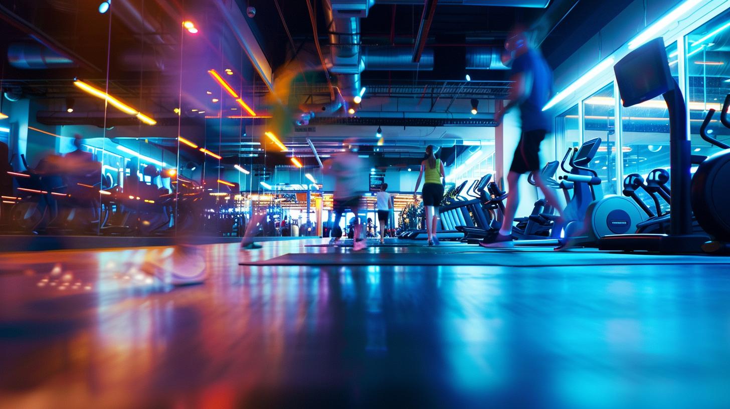 Modern gym interior with people exercising on treadmills and using workout equipment in vibrant lighting