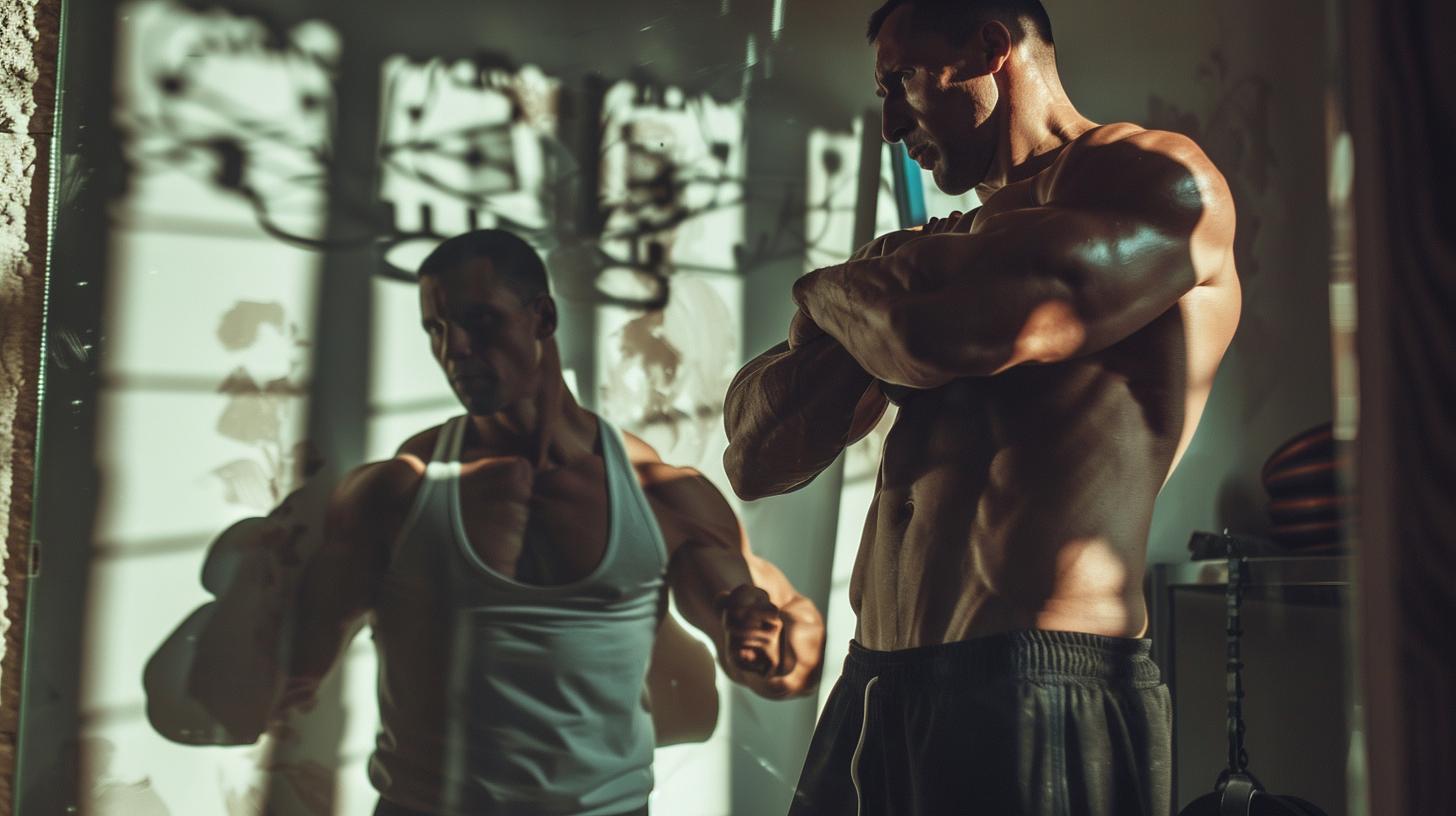 Muscular man working out in gym with intense lighting and shadows highlighting his physique.