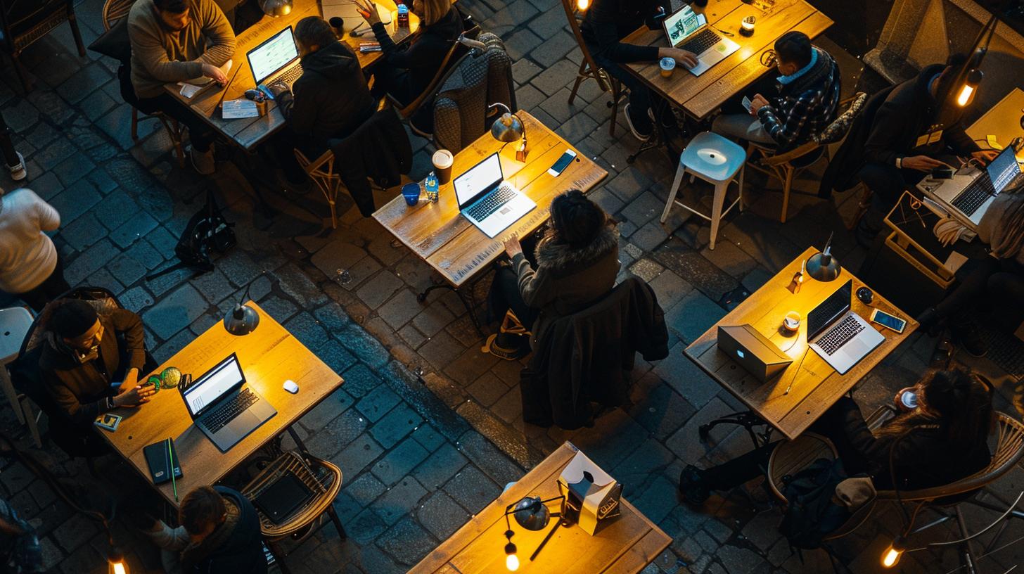 Overhead view of a busy outdoor coffee shop with people working on laptops at wooden tables