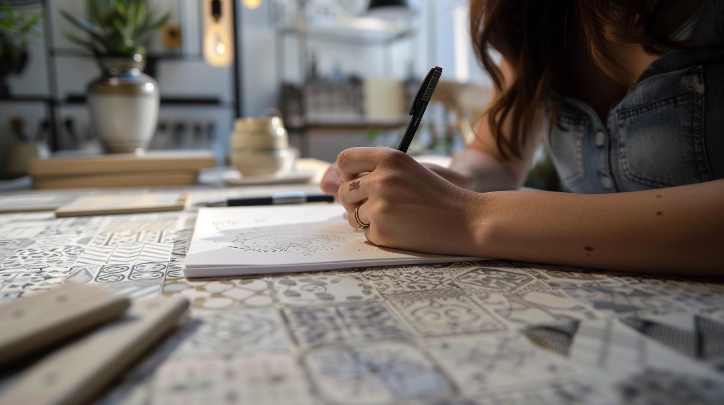 Person drawing on paper with a pen at a patterned table in a well-lit room with plants and books in the background