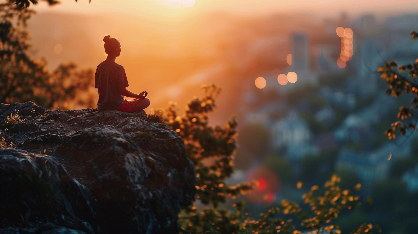 Person meditating on a cliff during sunset overlooking a cityscape