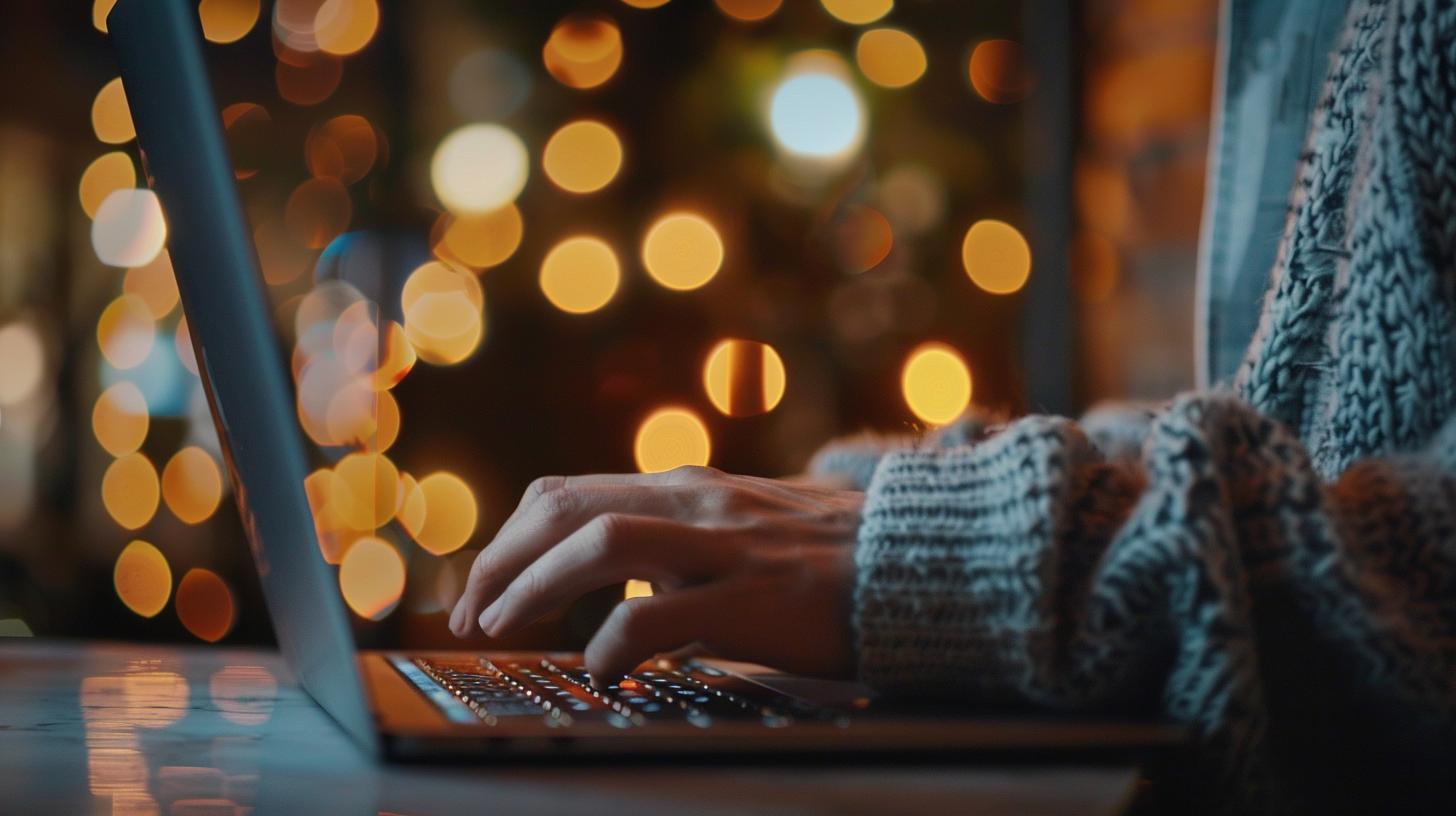 Person typing on laptop with bokeh lights in background cozy atmosphere work remotely