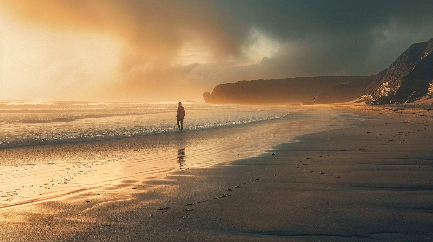 Person walking alone on a beach at sunset with waves in the background and a dramatic sky.