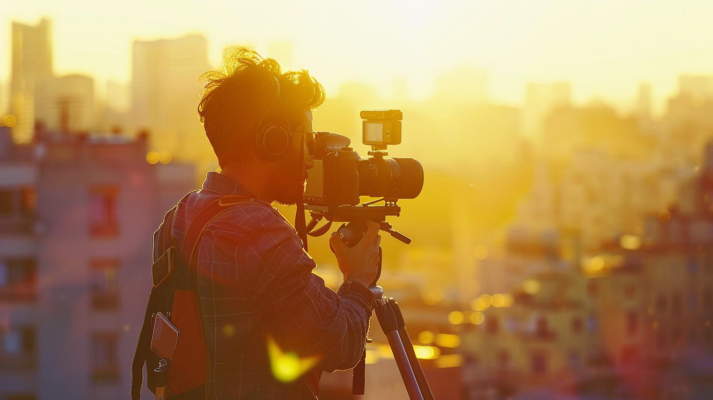 Photographer capturing cityscape during golden hour with professional camera and tripod