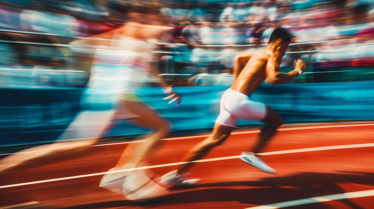 Runners sprinting on a track during a race with motion blur and a crowd in the background