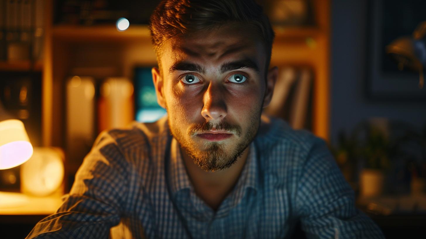 Young man with a serious expression in a dimly lit home office.