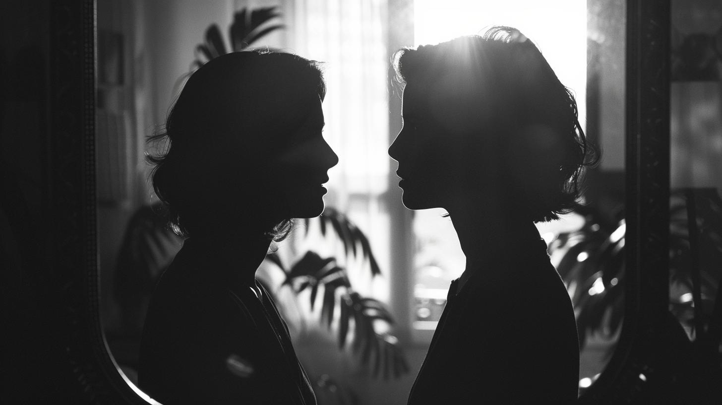 Silhouette of two people face to face in front of a window with plants in the background.