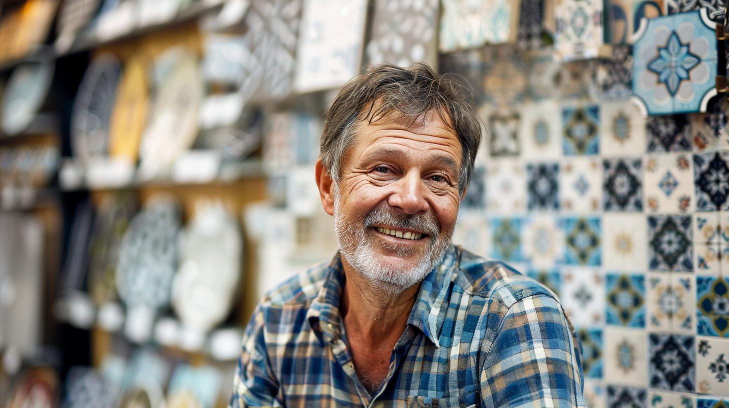 Smiling man in plaid shirt standing in front of colorful ceramic tiles in a shop.