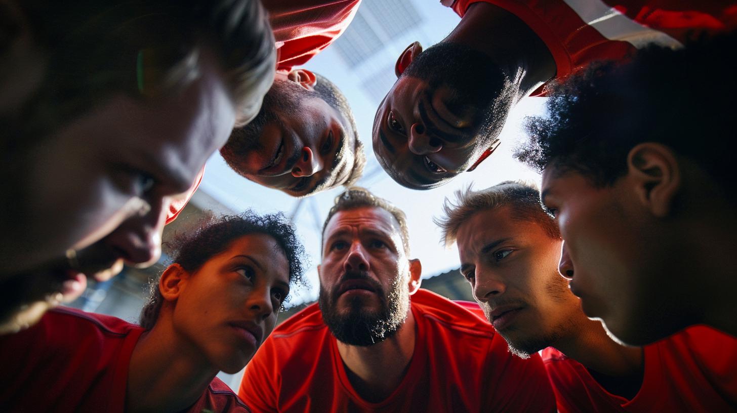 Soccer team huddle pre-game pep talk teamwork sports motivation athletes group unity red uniforms.