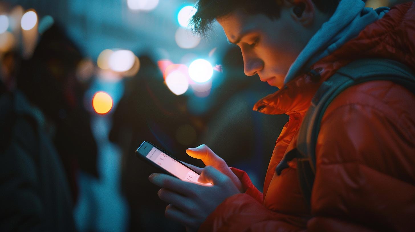 Teenager using smartphone at night city street young man browsing mobile phone urban background illuminated with bokeh lights wearing red jacket and backpack