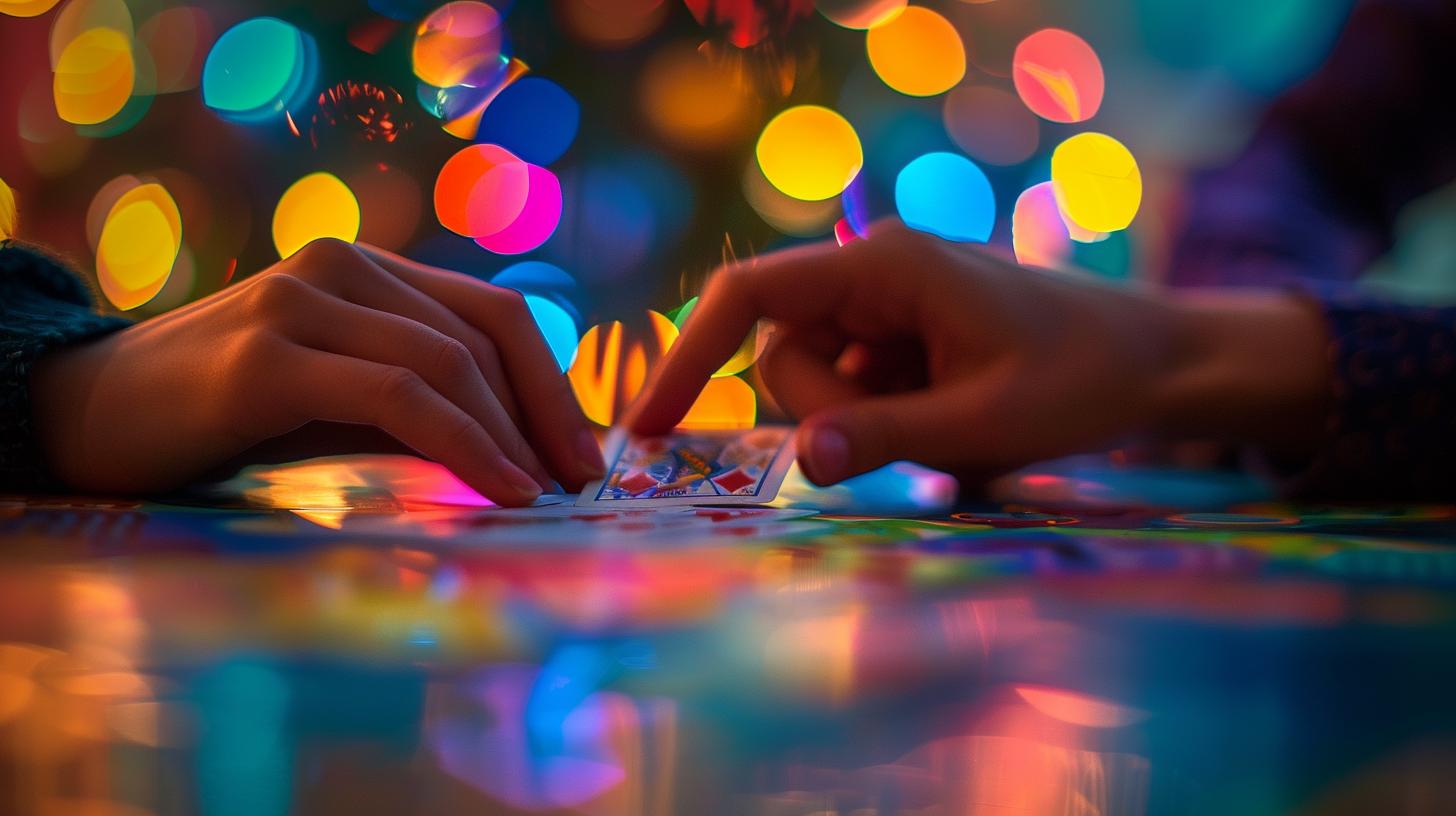 Two hands playing a card game on a colorful table with festive bokeh lights in the background