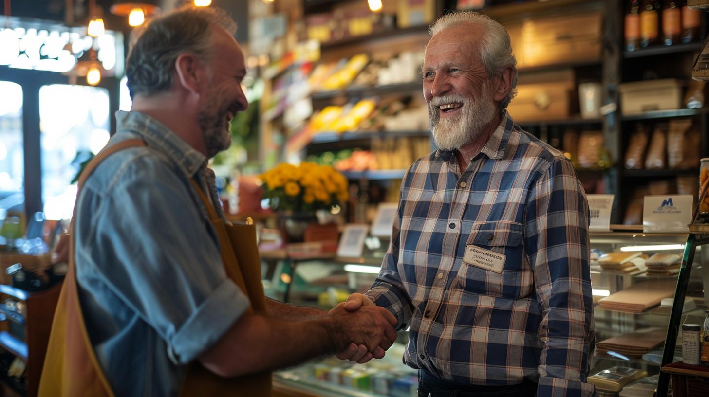 Two men smiling and shaking hands in a cozy store environment with shelves full of products in the background